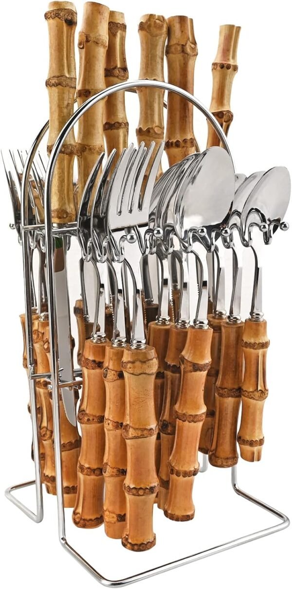 24-Piece Bamboo Flatware Set, Silver Stainless Steel Tableware Set With Cutlery Holder, Kitchen Utensils For Home And Restaurant Daily Use, Mirror Polish, Service For 6