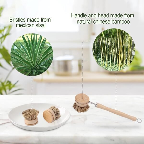 Bamboo Dish Brush with Handle - 4 Replacement Heads | Eco Hard Palm Dish Scrub Brush | Vegetable Brush | Dish Scrubber Brush | Bamboo Wok Brush for Cleaning Kitchen Utensils - Image 3