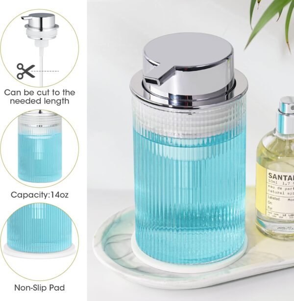 NiHome 14oz Ribbed Glass Foaming Hand Soap Dispenser, High-Capacity Easy to Refill for Home & Commercial Use, Clear Foaming Soap Dispenser for Bathroom, Kitchen with Large Foam Pump & Non-Slip Mat - Image 5