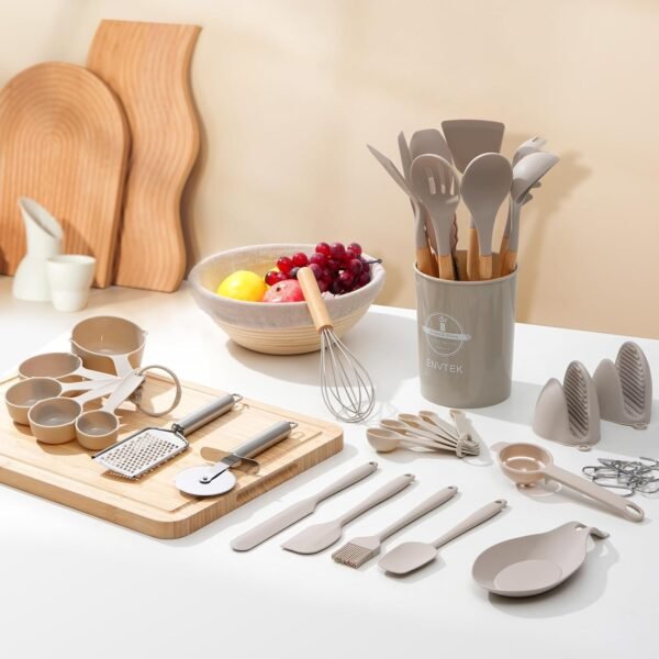 Silicone Kitchen Utensils Set 43 PCS for Cooking, Spatula Set with Wooden Handle, Cookware Nonstick Heat Resistant Kitchen Gadgets. Kitchen Tools with Holder (Khaki) - Image 8