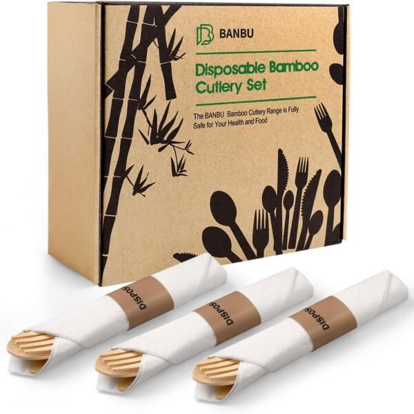 Bamboo Cultery Set with Pre Rolled Napkins- 50 Pack (6.7" 50 Forks 50 Spoons 50 Knives 50 Napkins) Compostable Fork Spoon Knife Set Individually Wrapped Disposable Flatware for Camping/Travel/Wedding