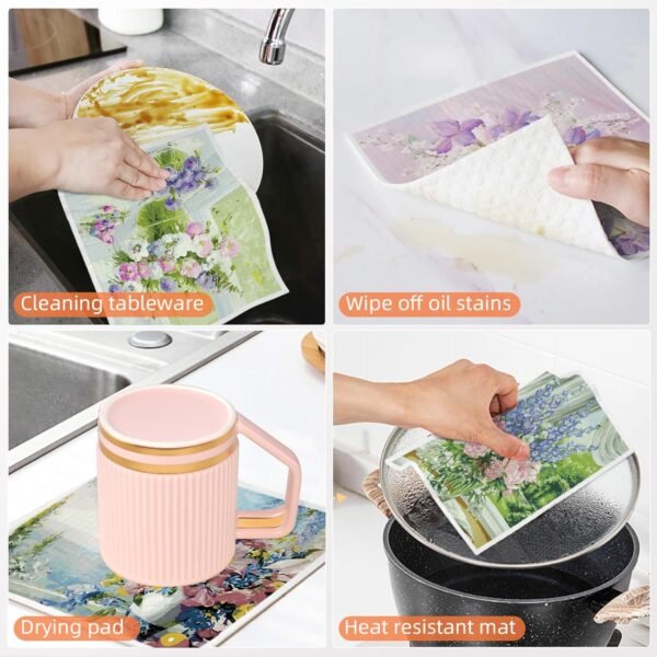 8 Pcs Swedish Dishcloths for Kitchen, Lavender Floral Reusable Swedish Cloths Sponge, No Odor, Biodegradable, Super Absorbent, Washable Quick Drying Swedish Paper Towels, 4 Patterns - Image 2