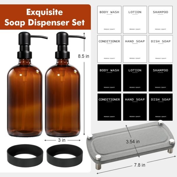 Kitchen Soap Dispenser Set with Tray, Amber Glass Soap Dispenser with Stainless Steel Pump, Hand and Dish Soap Dispenser Set, 12 Pack Labels & Instant Dry Tray, Bathroom Soap and Lotion Dispenser - Image 2