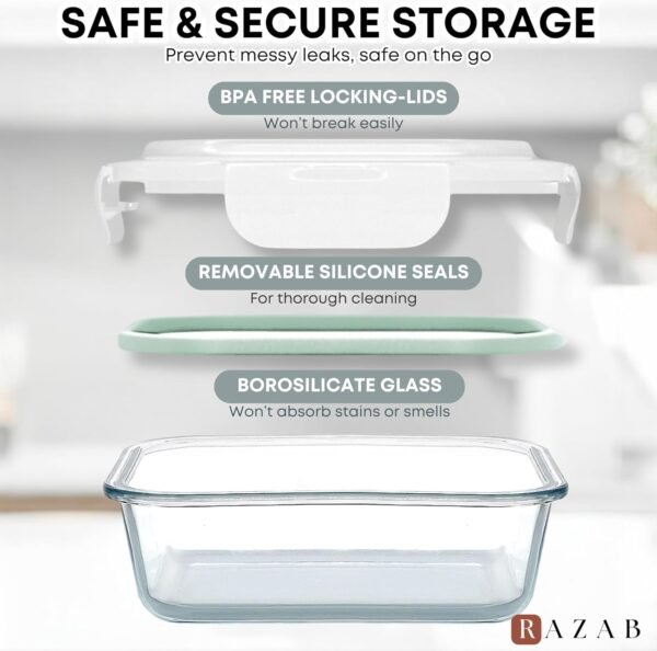 Razab 6 PC Square Glass Food Storage Containers with Airtight lids (74, 40 & 27 oz) Kitchen Glass Meal Prep Containers Set for Freezer Reusable Leftover Lunch Boxes, Oven, Microwave, Dishwasher Safe - Image 3