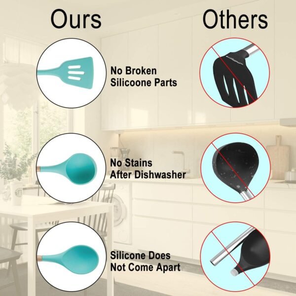 Silicone Kitchen Utensils Set - Heat Resistant Silicon Cooking Utensils, Wooden Handle Kitchen Utensil Set with Holder, Spoon Spatula Turner Tongs Whisk Kitchen Tools for Nonstick Cookware (BPA Free) - Image 9