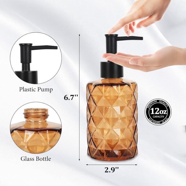 Glass Soap Dispenser, 2pcs Hand Soap Dispensers, Glass Bottle with Plastic Pump, Kitchen Dish Soap Dispenser Set for Bathroom, Hand Soap Dispenser for Liquid, Lotion, Essential Oil (Amber) - Image 4