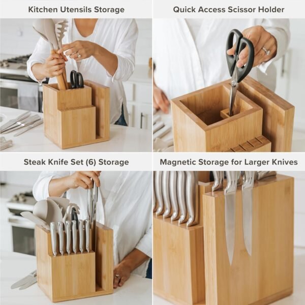 Bamboo Magnetic Knife Block and Cooking Utensil Holder, Sleek Storage for Chefs Knives, Steak Knives, Spatulas, Scissors, Non-Slip Rubber Feet, Easy to Clean, Kitchen Countertop Organizer - Image 3