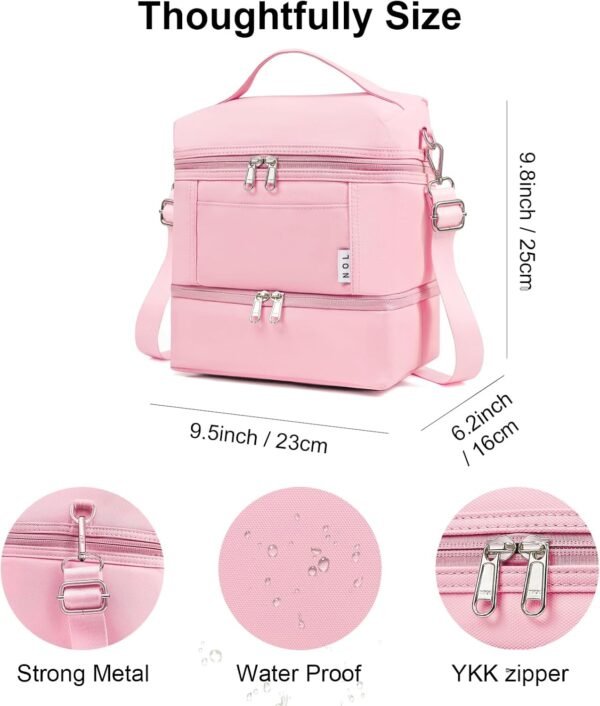 NOL Natural Organic Lifestyle Dual Compartment Insulated Lunch Bag Leakproof Cooler Tote Bag for Adults Lightweight Nylon Waterproof Lunch Box with Adjustable Shoulder Strap for Work, Pink - Image 2