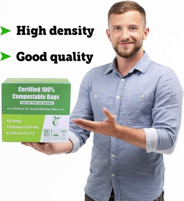 Primode Compostable Bags, 6 Gallon Food Scraps Yard Waste Bags, 100 Count, Extra Thick 0.87 Mil. ASTMD6400 Compost Bags Small Kitchen Trash Bags, Certified By BPI And TÜV AUSTRIA, - Image 5