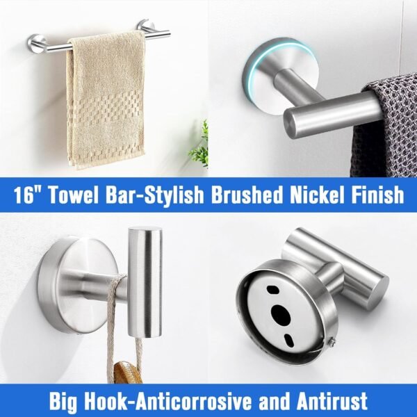 Bathroom Hardware Set, 16" Matte Silver Bathroom Accessory Set, 5 Pieces Hand Towel Bar Set Wall Mounted, Including 16" Hand Towel Bars, Toilet Paper Holders, Robe Towel Hooks Silvery - Image 3
