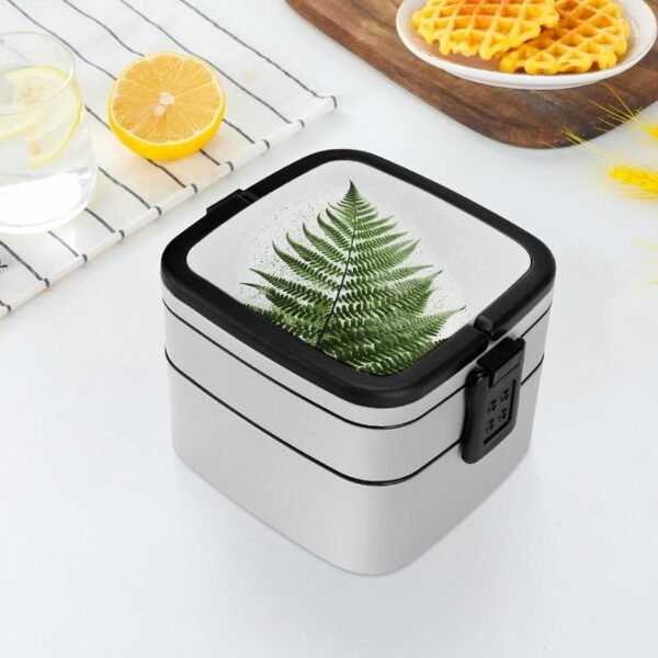 Natural Plant Silhouette Fern Leaf Bento Box Double Layer Lunch Box for Adults with Spoon And Handle Bento Boxes Leakproof One-piece Stackable Lunchbox for Work Picnics And Travel - Image 6