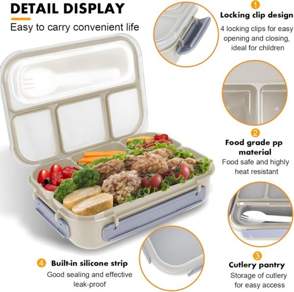 Bento Box Adult Lunch Box, Lunch Box Containers for Adults Men Women, 5 Cup Bento Lunch Box with 4 Compartments &Spork &Sauce Box, Leak-Proof, Microwave/Dishwasher Safe(Beige) - Image 3