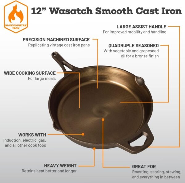 Backcountry Iron 12 Inch Smooth Wasatch Pre-Seasoned Round Cast Iron Skillet - Image 4