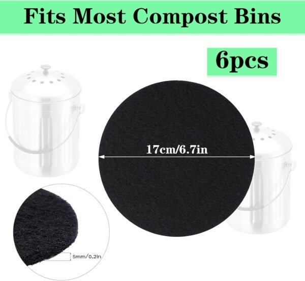 6 Pack 6.7 Inch Compost Bin Filter for Compost Bucket, Charcoal Filters for Countertop Bin, Activated Carbon Replacement Compost Bin Filter for Kitchen, Home Bucket Compost Pail Refill, Round - Image 2