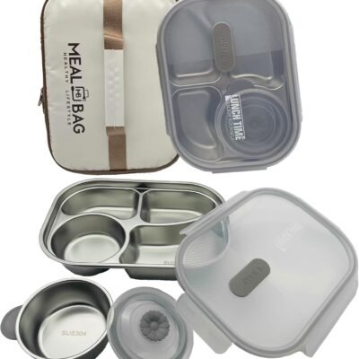 Stainless Steel Bento Box for Adults,Leakproof and BPA-Free, 1500ML Stainless Steel Lunch Box with 4 Compartments,1 Small Bowl,1 Lunch Bag,Stainless Steel Lunch Container for Travel,office(white)