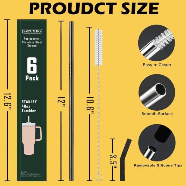 6 Pack 12 Inch Metal Stainless Steel Reusable Straight Straw,with 6Silicone Tips and 2Cleaning Brush,for 40oz Stanley, Hydrapeak, Owala Tumbler,Simple Modern 32 40oz Tumbler(8mm 3G3B) - Image 2