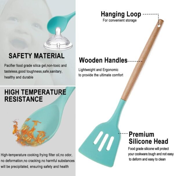 Silicone Kitchen Utensils Set - Heat Resistant Silicon Cooking Utensils, Wooden Handle Kitchen Utensil Set with Holder, Spoon Spatula Turner Tongs Whisk Kitchen Tools for Nonstick Cookware (BPA Free) - Image 6