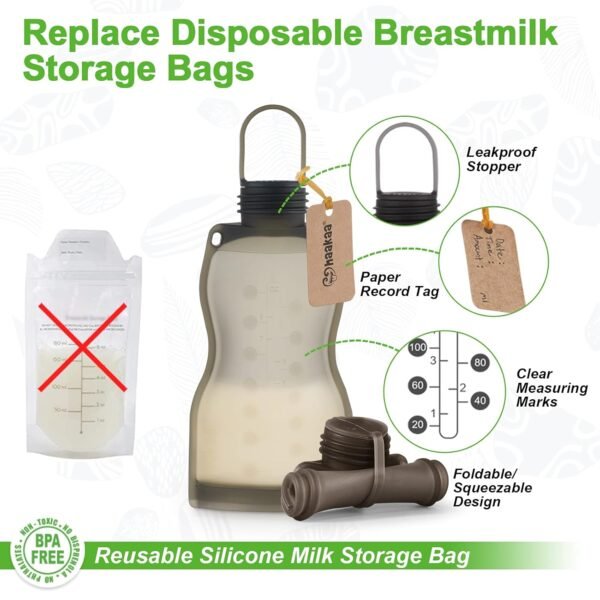 haakaa Silicone Breast Milk Storage Bag 9 oz- Reusable Milk Collector Freezer Bag for Breastfeeding Mom - Baby Food Storing Yummy Pouch - Breast Pump Bag -Leakproof - 5 Count - Image 5