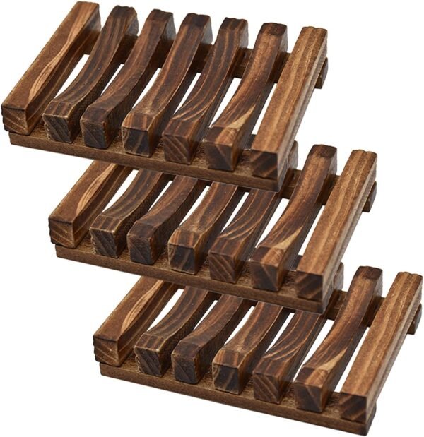 Self Draining Soap Dish Holder/ Tray, 3 Pcs Natural Wooden Soap Saver, Soap Case for Shower, Bathroom, Extend Soap Life, Keep Soap Bars Dry Clean & Easy Cleaning（Charcoal）
