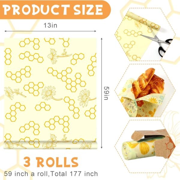 3 Rolls Reusable Beeswax Food Wraps 13'' x 59'' Eco Friendly Sustainable Beeswax Food Storage Wrap Honeycomb Floral Organic Cotton Food Wrap for Bread Sandwich Cheese Fruit - Image 2
