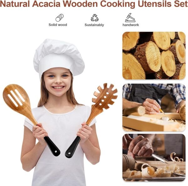 Wooden Spoons For Cooking, 6 PCS Natural Acacia Wooden Cooking Utensils or Non-Stick Wooden Kitchen Utensil Set for Kitchen Essentials, Smooth Grip Wooden Cooking Spoons with Hanging Hole, Black - Image 8