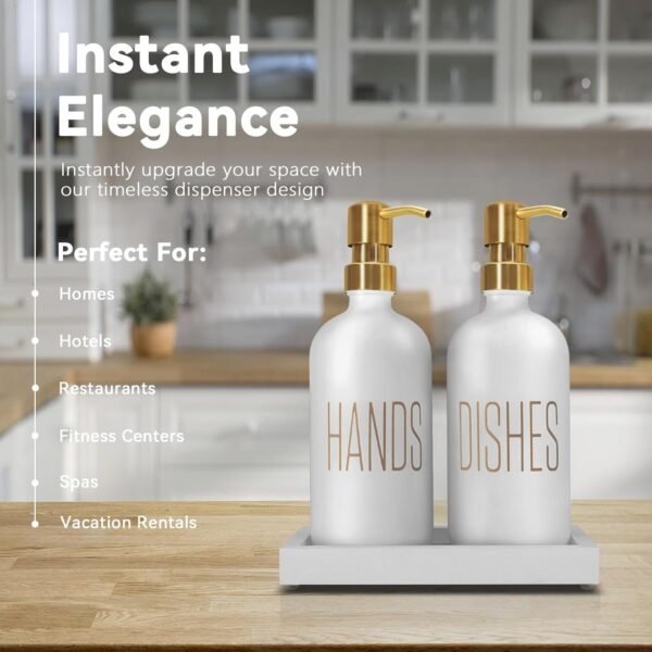 Soap Dispenser Set, Contains Hand Soap Dispenser and Dish Soap Dispenser for Kitchen， Glass Soap Dispenser with Stainless Steel Pump，for Luxury Gold Kitchen Counter Decor，（White） - Image 3