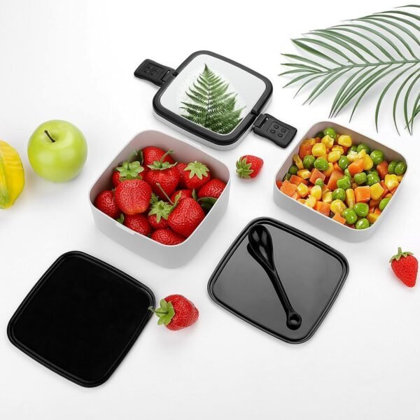 Natural Plant Silhouette Fern Leaf Bento Box Double Layer Lunch Box for Adults with Spoon And Handle Bento Boxes Leakproof One-piece Stackable Lunchbox for Work Picnics And Travel - Image 3
