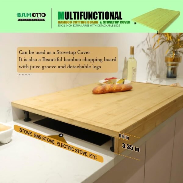 30 x 21 in Extra Large Bamboo Cutting Board and Stovetop Cover, Stove Top Cover Chopping Board with Detachable Legs and Juice Groove, Sink Cover Board, for Restaurant Kitchen Countertop - Image 3