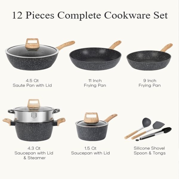 12 Pcs Pots and Pans Set Non Stick Kitchen Cookware Sets Nonstick Induction Cookware Black Granite Cooking Set with Frying Pans, Saucepans, Steamer Silicone Shovel Spoon & Tongs (NO PFOS, PFOA) - Image 2