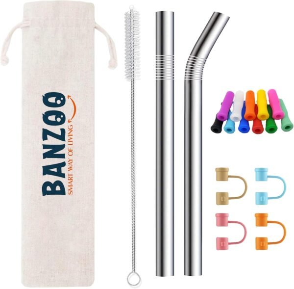 Reusable Stainless Steel Drinking Straws With Silicone Tips, Toppers, Cleaning Brushes & Travel Case Premium Quality 10.5" & 8.5" Straight and Bent Metal Straws Fit For 20, 24, 30 OZ Tumbler (Silver)