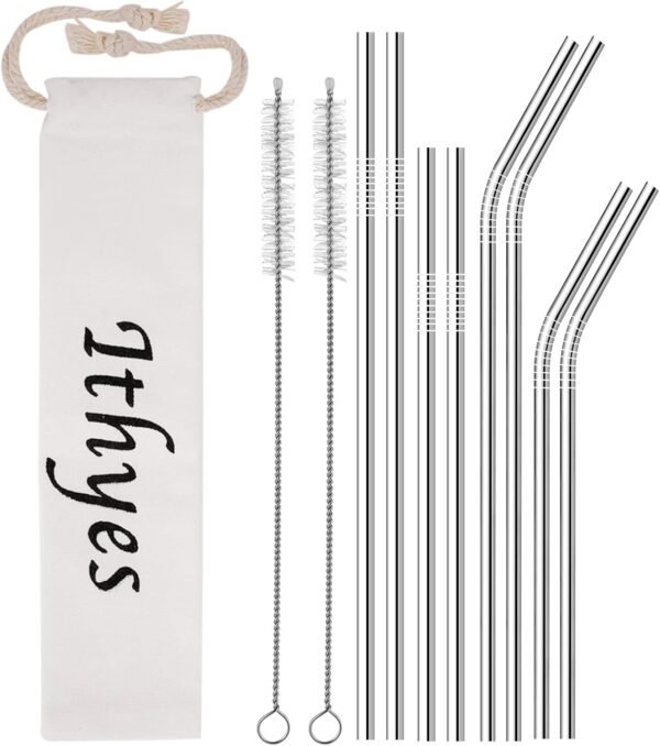 8 Pack Reusable Metal Straws Long Stainless Steel Straws Drinking Straw for 20/30 oz Tumblers with Travel Case & Cleaning Brush, 10.5"/8.5"(Silver)