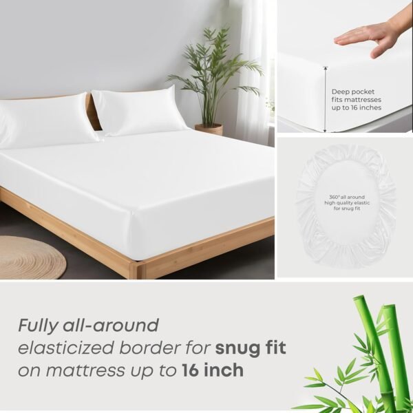 Linenwalas Premium 100% Viscose Derived from Bamboo Queen Sheet Set - Ultra Soft, Breathable & Cooling, Ideal for Hot Sleepers, 16" Deep Pocket, Hotel Luxury Bedding (White) - Image 3