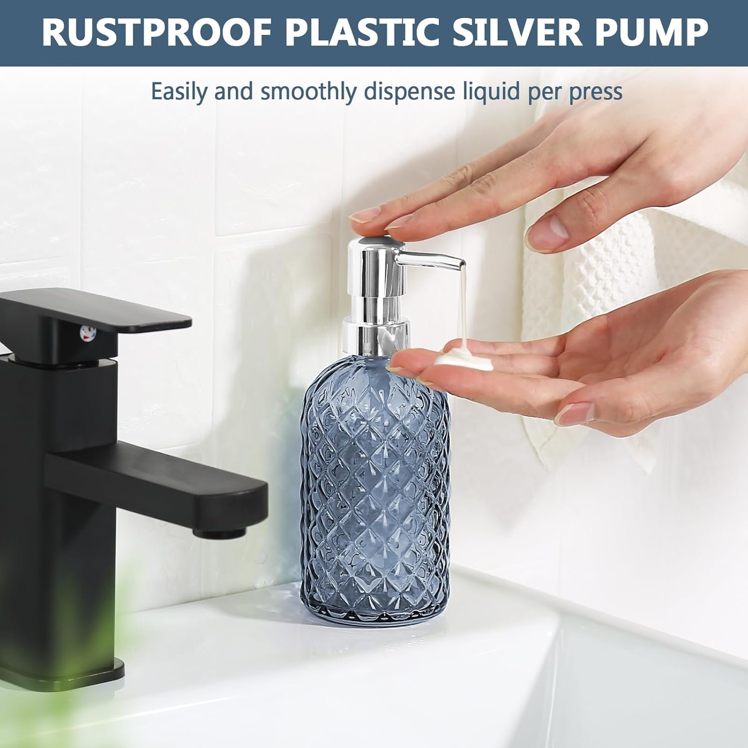 Hand Soap Dispenser, Bathroom Glass Soap Dispenser, 16 Oz Blue Dish Soap Dispenser for Kitchen with Sliver Plastic Pump, Refillable Liquid Lotion Bottle Container, Modern Bathroom Accessories - Image 3