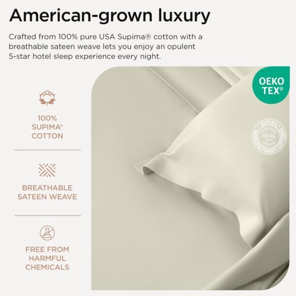 Threadmill 100% Supima Cotton Sheets, Premium 1200 Thread Count Cotton Sheets for King Size Bed, 4 Pc Ivory King Bed Sheets Set, 5-Star Hotel Quality with Elasticized Deep Pocket King Sheets - Image 3