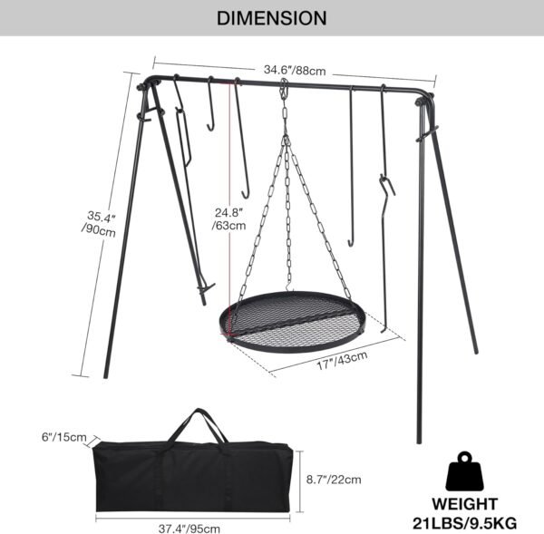 REDCAMP Grill Swing Campfire Grill Stand with Iron Grill Grate, Collapsible Campfire Cooking Rack w/6 Hooks, Portable Cookware Hanging Rack Outdoor Camping Bonfire for Cookware & Dutch Oven, Round - Image 2