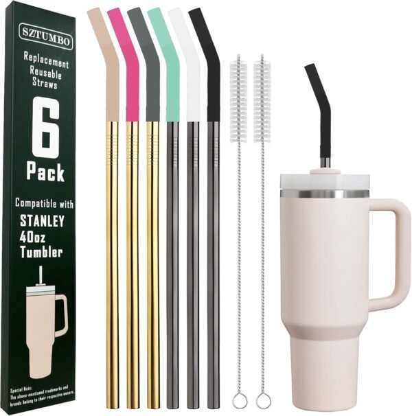 6 Pack 12 Inch Metal Stainless Steel Reusable Straight Straw,with 6Silicone Tips and 2Cleaning Brush,for 40oz Stanley, Hydrapeak, Owala Tumbler,Simple Modern 32 40oz Tumbler(8mm 3G3B)