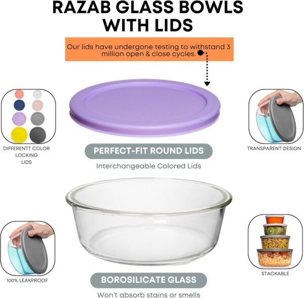 Razab 12 Pcs Large Glass Food Storage Containers with Lids - Airtight Glass Meal Prep Containers Reusable, BPA-Free Food Prep Containers for Freezer & Microwave - Large Glass Mixing Bowls with Lids - Image 3