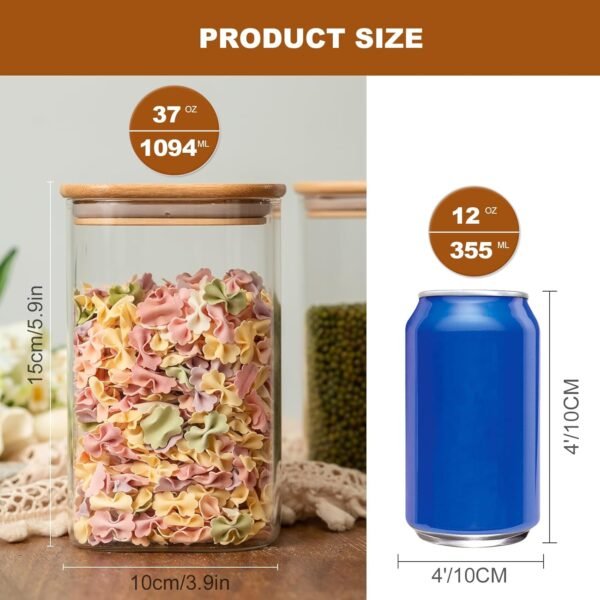 Glass Food Storage Jars 37 oz Set of 6,Glass Storage Containers Clear Glass Food Canister with Bamboo Lid Airtight For Serving Tea, Coffee, Flour, Sugar, Candy, Cookie, Spice and More (Square) - Image 6