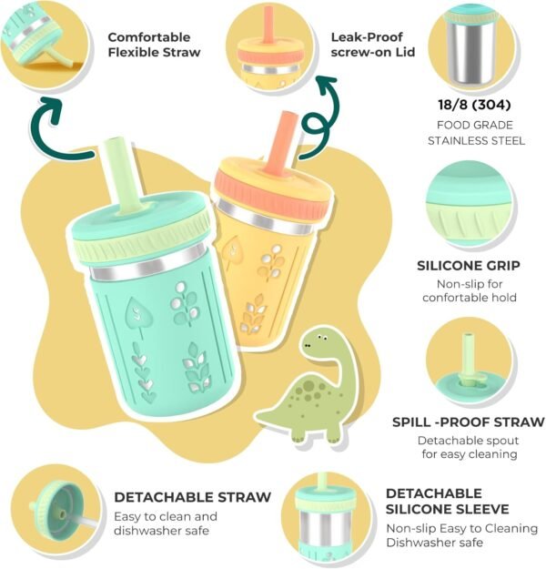 Tronco Stainless Steel Sippy Toddler Cups, 10 oz Mason Jar Kids Smoothie Cups with Silicone Sleeves and Straws, Spill Proof, BPA-Free, Toddler Snack Cups - Image 2