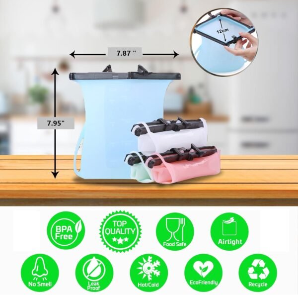 Reusable Leakproof Silicone Stand-Up Food Storage Bags 6 Cups (50 Oz) Microwavable Freezer and Dishwasher Safe Odorless Silicone Food Bags Easy Clean and Dry Ziplock Alternatives (Random Color) - Image 4