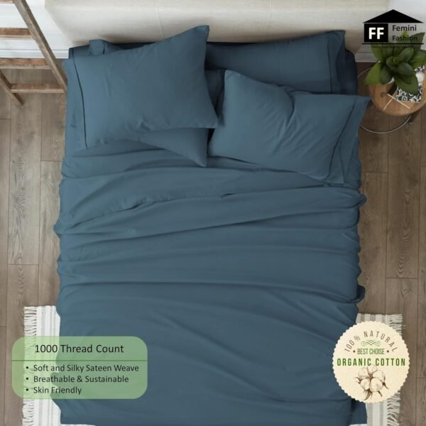 Extra Deep Pockets 1000 Thread Count 100% Organic GOTS Certified Cotton, 24-Inch Deep-Pocket, 4-Piece Bed Sheet Set (1 Flat Sheet, 1 Fitted Sheet, 2 Pillow Covers) - Queen, Mediterranean Blue - Image 4