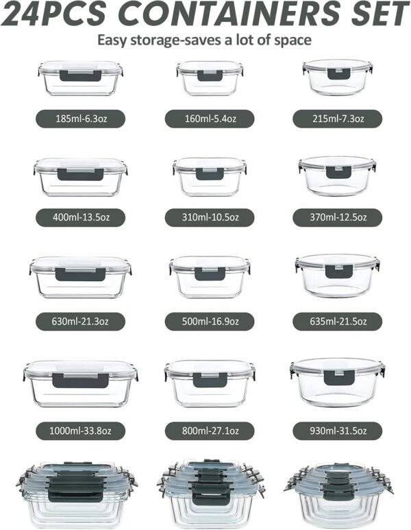 VERONES 24 Pieces Glass Food Storage Containers Set, Airtight Glass Lunch Containers, Glass Meal Prep Containers with Lids,Exclusive of BPA, for Microwave, Oven, Freezer & Dishwasher Friendly,Grey - Image 2