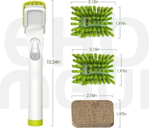 Soap Dispensing Dish Brush with Handle, EHOMGUI Brush Scrubber for Cleaning Dishes, Kitchen, Non-Scratch Kitchen Brush with 10 Natural Fiber Replacement Heads for Pot Pan-Green/White 2Pack - Image 9