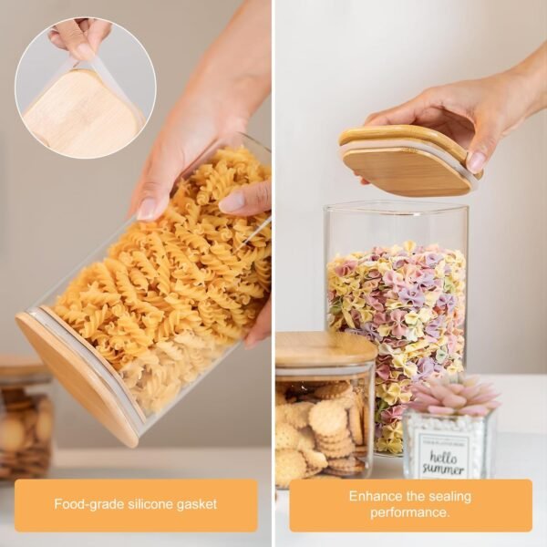 Glass Storage Jars 6 Pack -50oz (10cmx20cm)Clear Glass Food Storage Containers with Airtight Bamboo Lid Stackable Kitchen Canisters for Candy,Cookie,Rice,Sugar,Flour,Pasta,Nuts and Spice Jars(Square) - Image 2