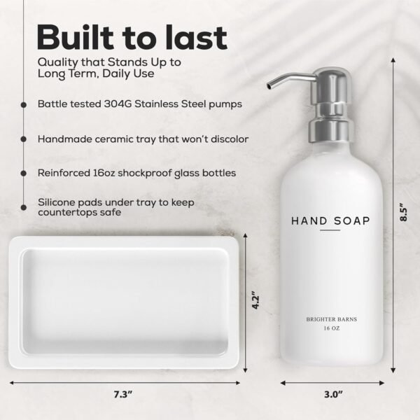 White Glass Soap and Lotion Dispenser Set by Brighter Barns - Bathroom Soap Dispenser Set Tray - Liquid Hand Soap Dispenser Pump - Modern Bathroom Accessories for Guest, Hotel, Spa, Restaurant (White) - Image 3