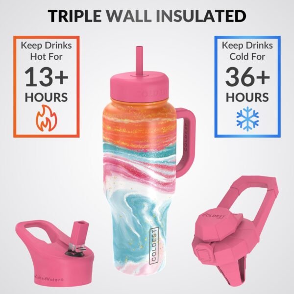 Coldest Tumbler with Handle and Straw Lid 3 Lids Insulated Reusable Stainless Steel Water Bottle Travel Mug | Gifts for Women Him Her | Limitless Collection (36oz, Amethyst) - Image 3