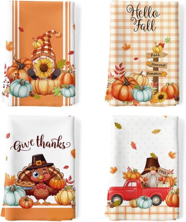 4 Pcs Thanksgiving Turkey Kitchen Towel 100% Cotton Fall Pumpkin Absorbent Dish Towel 27.5"x18.8", Housewarming Decorative Tea Towels for Dining Home