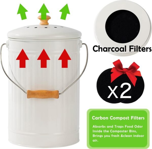 Compost Bin, 1.7 Gallon Kitchen Compost Bin, Indoor Countertop Compost Bin, White Countertop Compost Bin with Lid, 100% Rust Proof Compost Bucket with Non-Smell Charcoal Filters (White) - Image 3