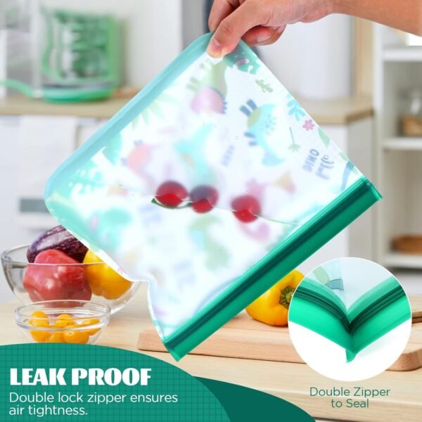 Rumia 12 Pack Reusable Food Storage Bags Dinosaur Silicone Sandwich Bags Snack Bags Leakproof Freezer Bags with Zipper Travel/Home Organization Waterproof Reusable Food Storage Bag - Image 3