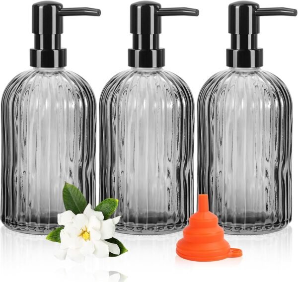 3 Pack Glass Soap Dispenser with Rust Proof Pump,15 Oz Hand Soap Dispenser with Vertical Stripe, Refillable Liquid Soap Dispenser for Bathroom,Kitchen,Lotion (Grey)